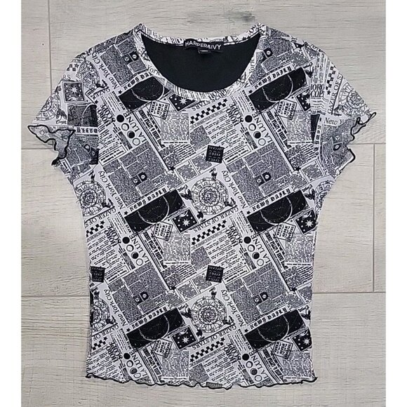 Womens Harper & Ivy Newspaper Print Mesh Shirt XS Ruffle Hem Y2K - Picture 1 of 5